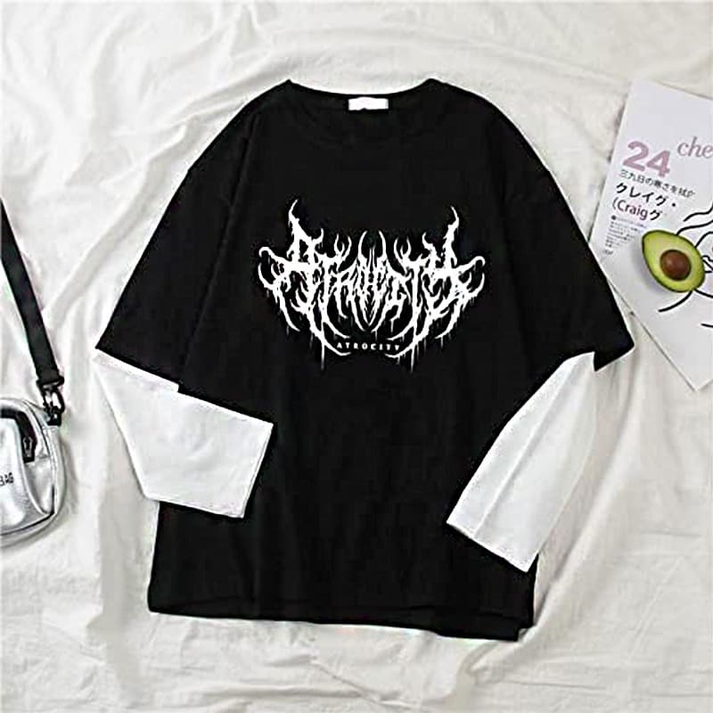 2024 Summer New Dull Black Printed Pullover Top Korean Style Loose-fit Two-piece Illusion Long Sleeve T-shirt Women's Wholesale