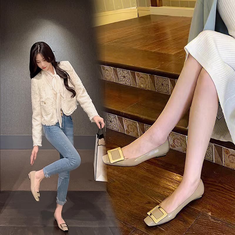 French square buckle single shoes, flat shoes, women's high-end square toe, shallow mouth, low heels, Mary Jane gentle evening shoes, spring and autumn