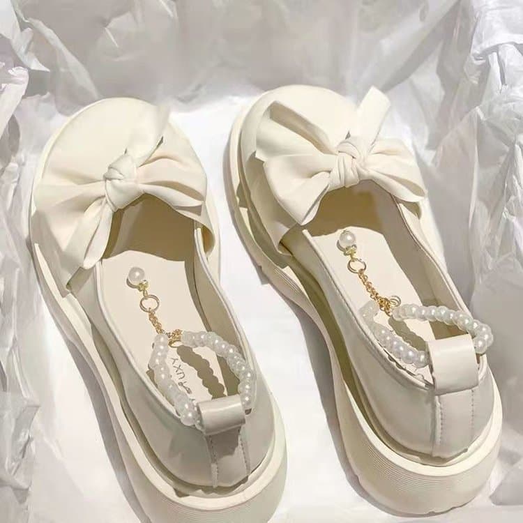 French Mary Jane Shoes for Women 2026 Spring and Summer New Style Pearl Bow Girl's Flats with Thick Heels Fairy Style Small Leather Shoes