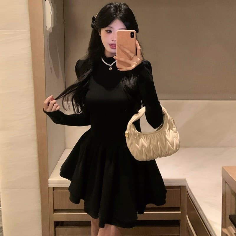 Rich Girl Little Black Dress French Elegant Princess Tulle Dress Half High Neck Knit Dress Autumn Winter