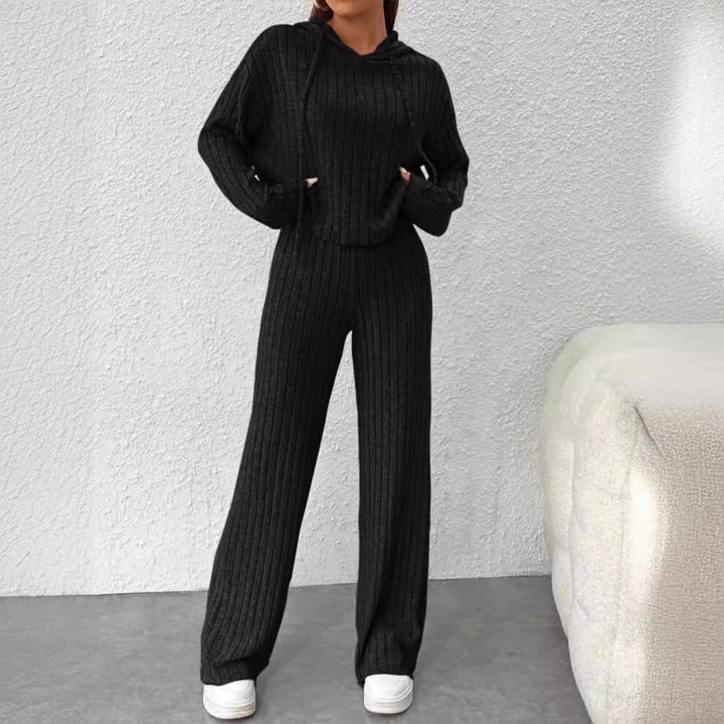 2024 New Cross-Border EU/US Fall/Winter Casual Knitted Ribbed Brushed Hoodie Loose Long Sleeve and Long Pants