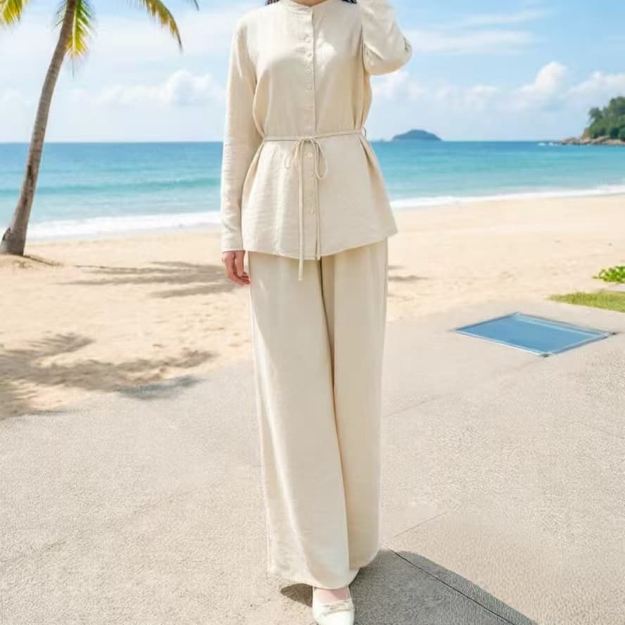 Source Factory Cross-Border Women's Comfortable Casual Stand Collar Drop Shoulder Tie Shirt Solid Color Wide Leg Pants Two-Piece Set