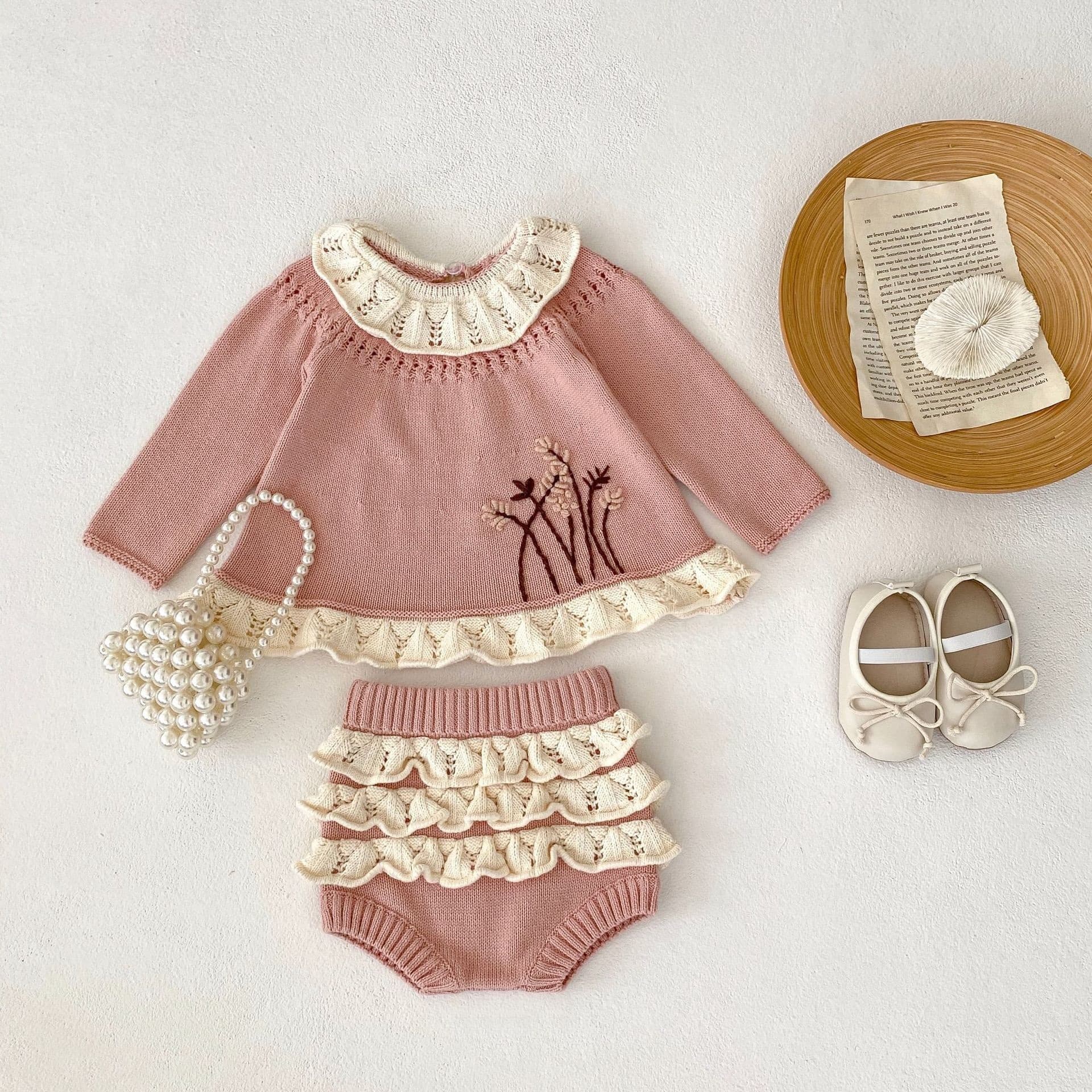 Girls autumn long-sleeved ruffle collar sweater + ruffled trousers 2025 fashion essential trend set