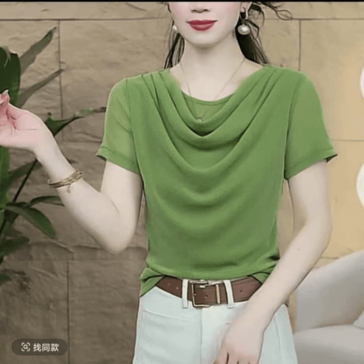 Fashionable Layered Neck T-Shirt Summer Solid Color Short Sleeve Top V-Neck Trendy Underlayer Stylish Irregular Loose Fit