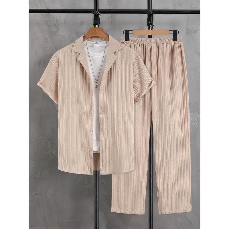 2025 Summer European and American Cross-Border Casual Fashion Shirt Set for Men, Commuter Solid Color Shirt and Long Pants Sport Set