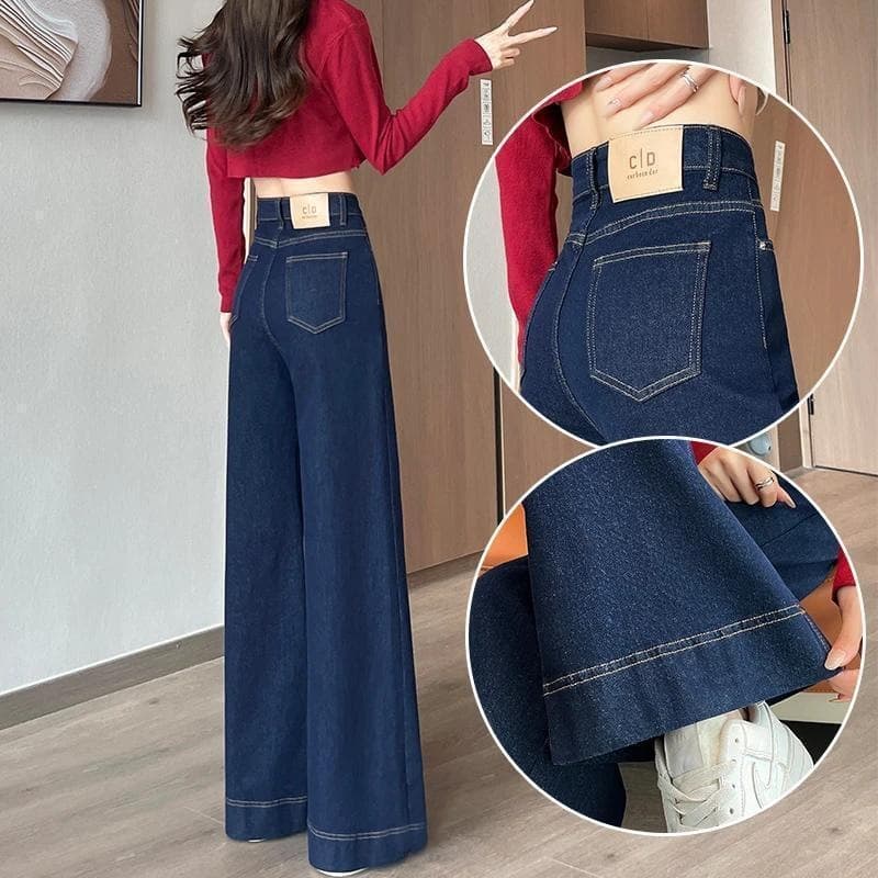 Denim blue denim straight pants women's spring and summer new trousers high waist elastic drape wide leg drag