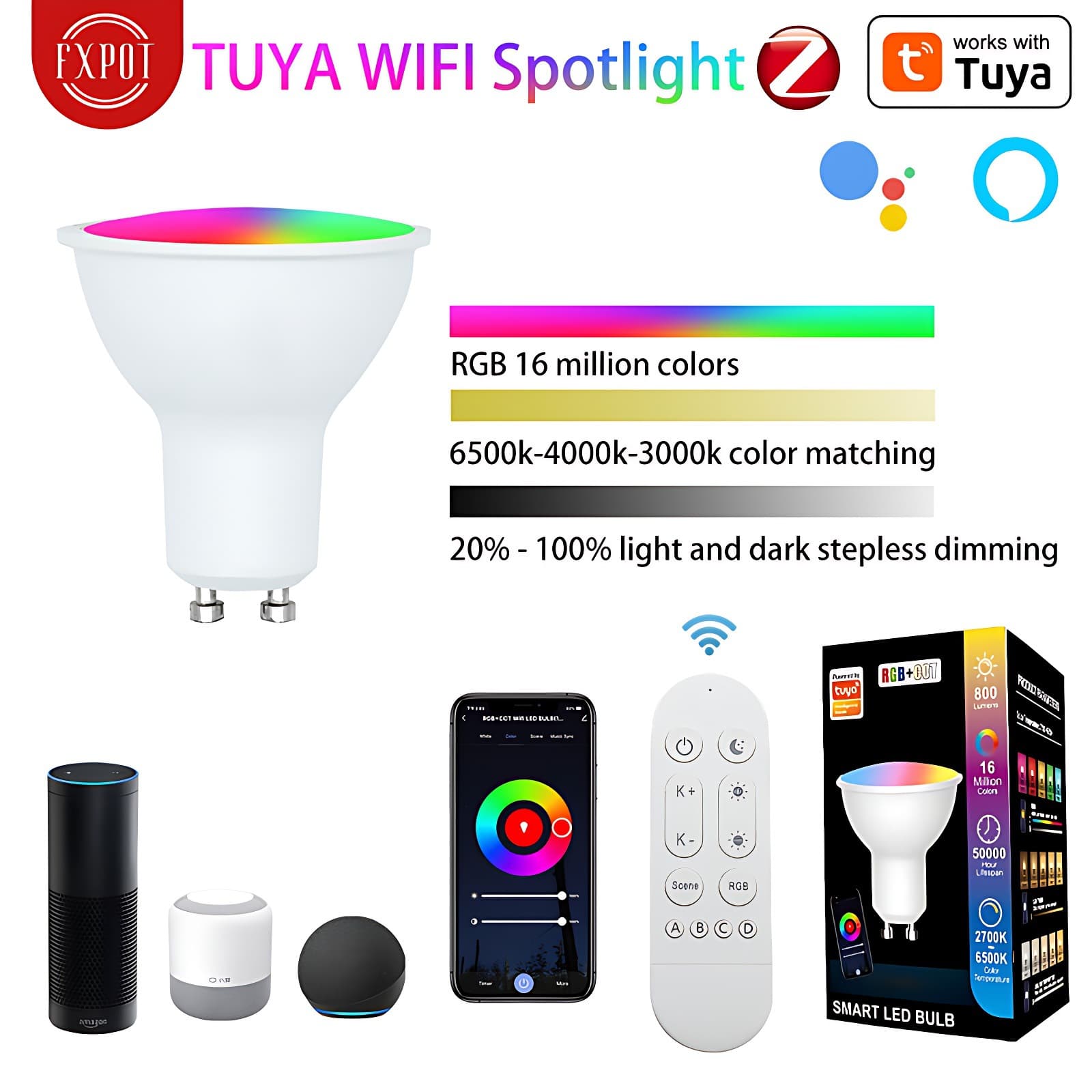 Smart Voice Control Adjustable Light Gu10 Wifi Lamp Cup 5w Supports Alexa Google Voice Control RGB+Cw+WW High Color Rendering Index