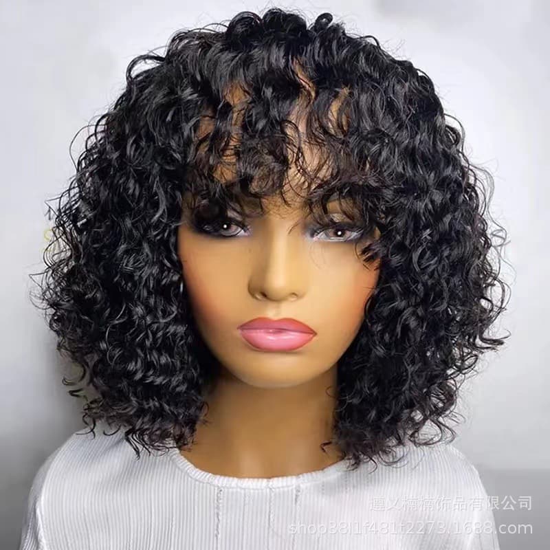 African American Women Short Curly Wig, Fluffy Short Small Curl Afro Wig, Bangs Small Curl Wig Factory Wholesale