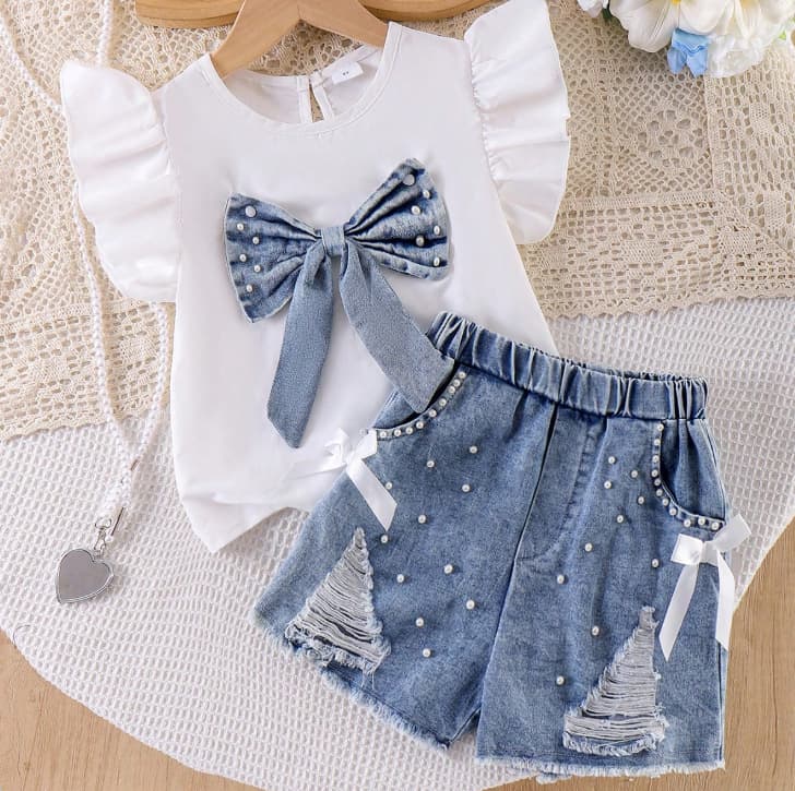 Tween Girls Clothes 8-12Y Summer Bow Top + Denim Beaded Ripped Shorts