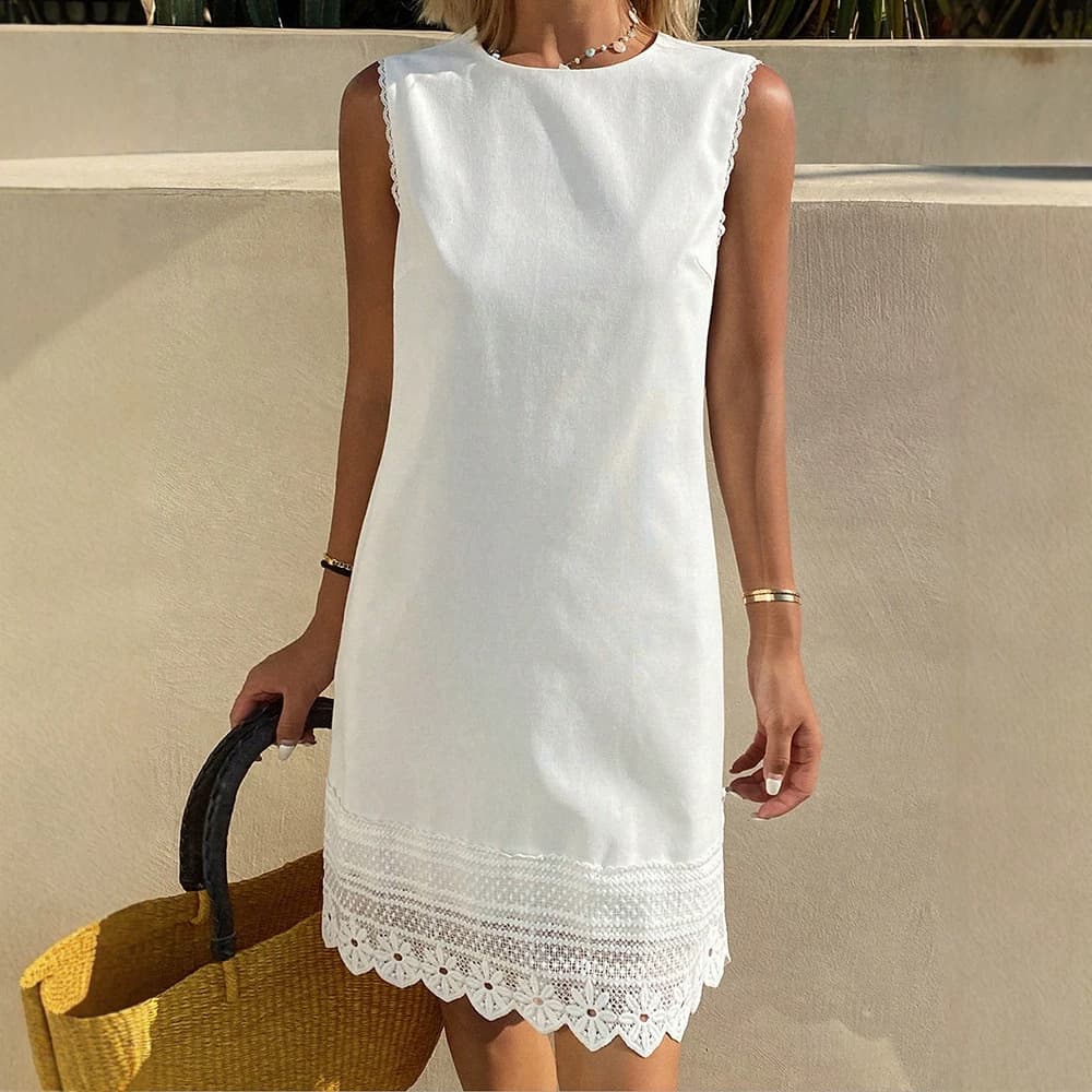 AE262 Ins Style Vacation Lace Trim White Dress Loose Straight Fit Concealing Flattering Soft Petite Dress