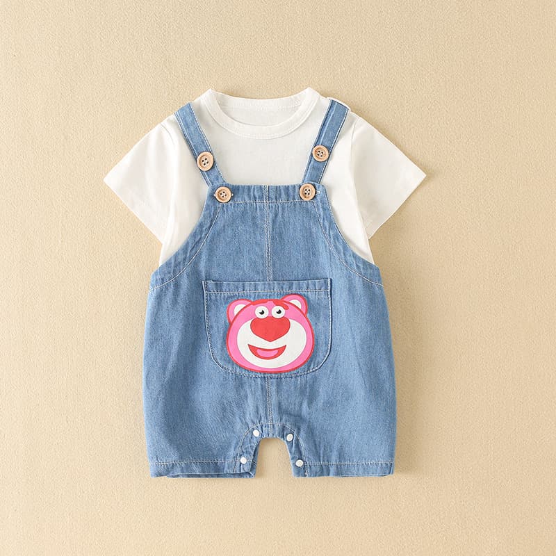 Baby jumpsuit, summer short-sleeved baby denim overalls, male and female baby two-piece outdoor clothing, summer crawl suit