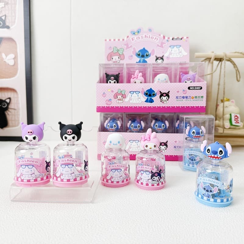 New Cartoon Eraser Pencil Sharpener Creative PVC Ornament Double Hole Pencil Sharpener Primary School Student Learning Stationery Wholesale