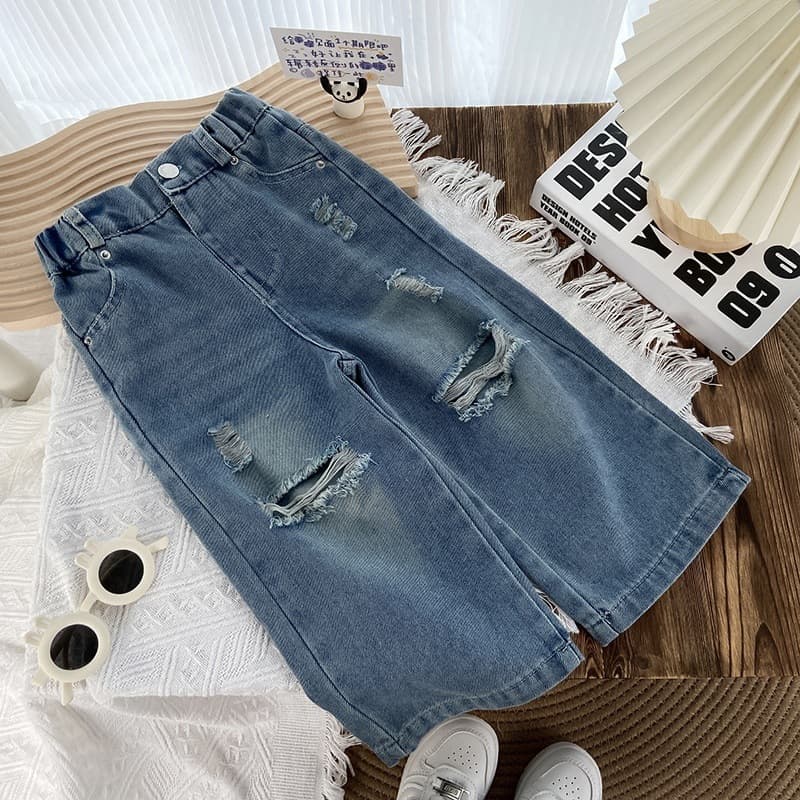 Spring and Autumn Ripped Jeans for Boys and Girls, Kids Floor-Length Distressed Straight-Leg Jeans, High-Waist Loose Wide-Leg Pants