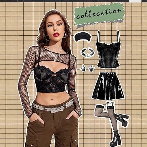 Women's Fishnet Long Sleeve See-through Shirt Sexy Transparent Top Street Style round Neck Pullover for Spring Season