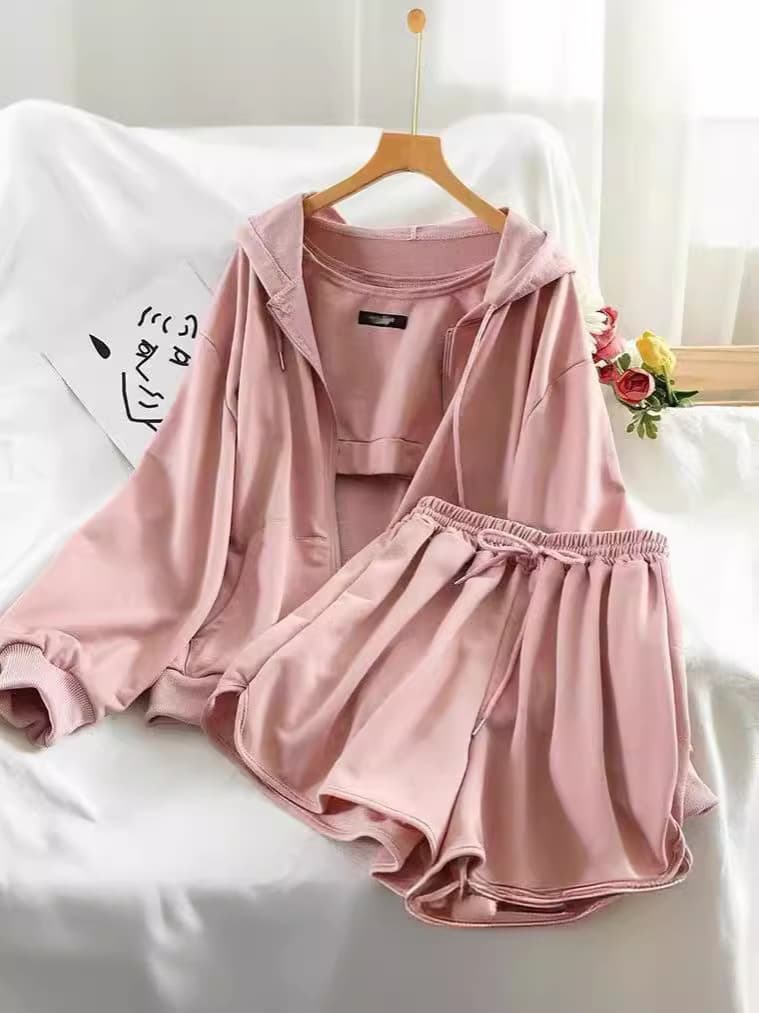 2024 Spring and Summer Cross-Border Fashion Casual Youthful Fitness Running Hoodie and Shorts Three-Piece Sporty Set for Women