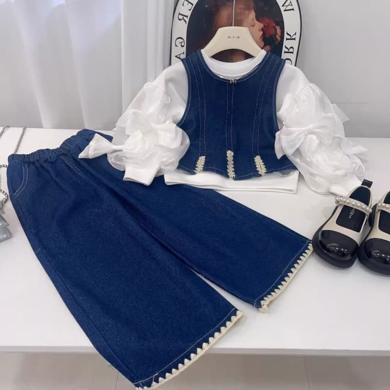 Girls' Denim-Look Three-Piece Set 2025 Autumn New Korean Style Spring/Autumn Outfit Fashionable Children's Wide-Leg Durable