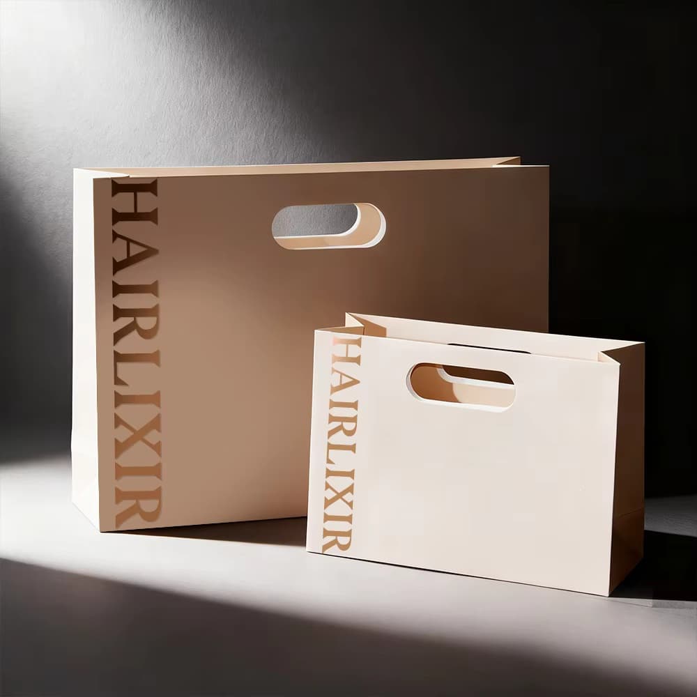 Printed black and white luxury die cut paper bags for cosmetics and fashion footwear promotional packaging shopping bags