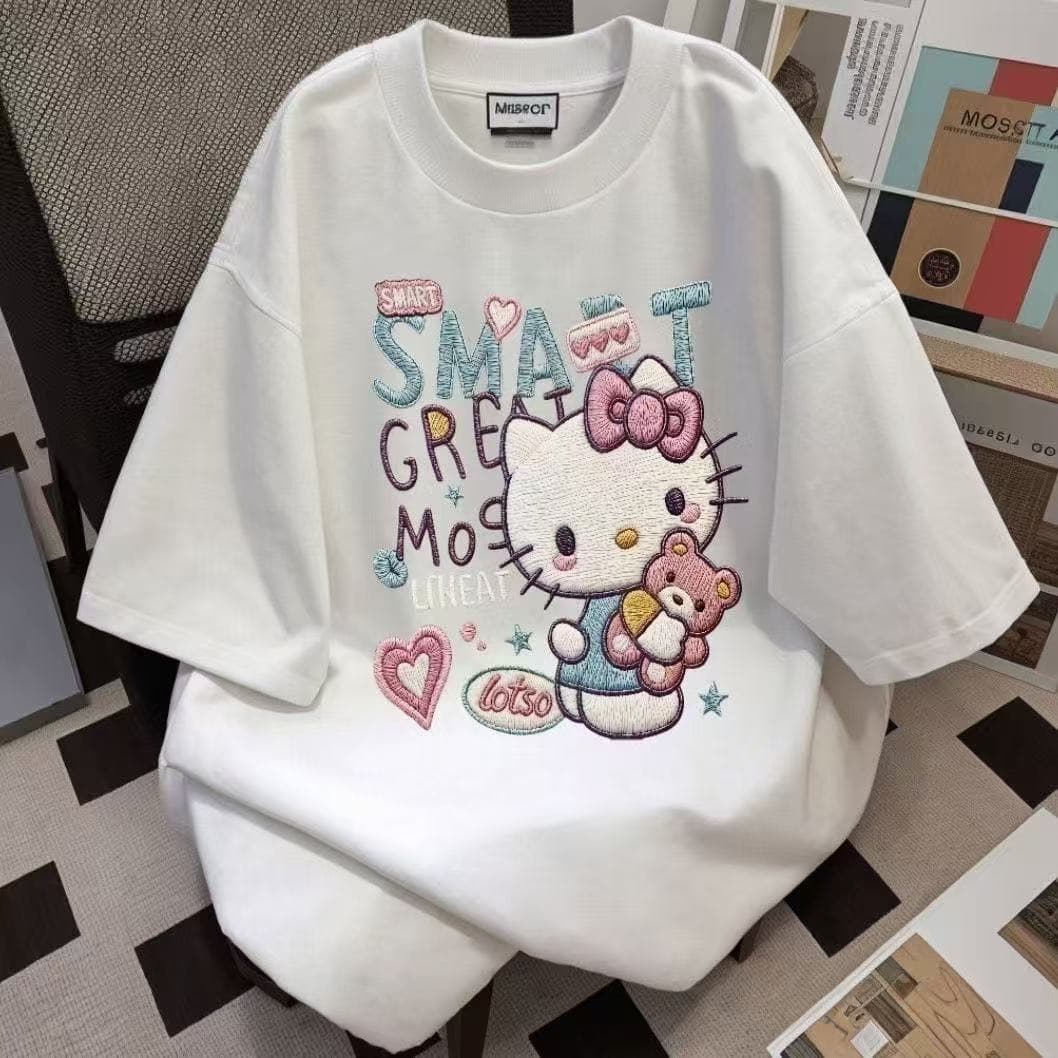 Japanese Retro 3D Embroidery-Like Print Cotton Sorona Short Sleeve Women's Casual T-Shirt Top