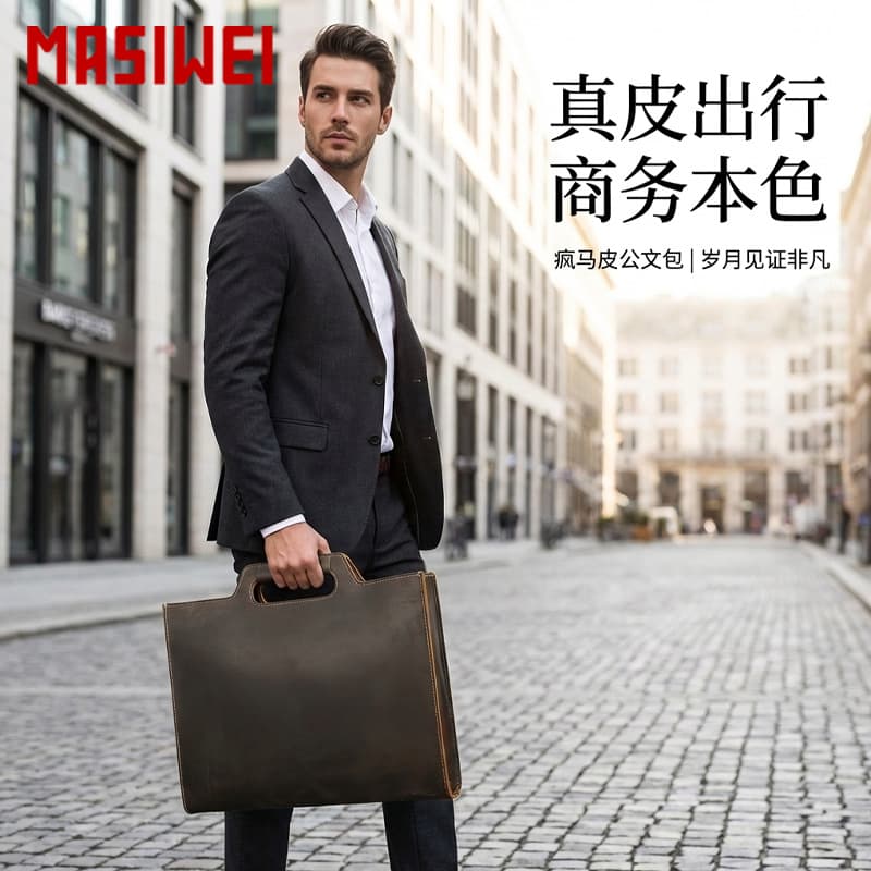 European and American new crazy horse leather men's business handbag 10-inch flat bag genuine leather high-end briefcase briefcase for men