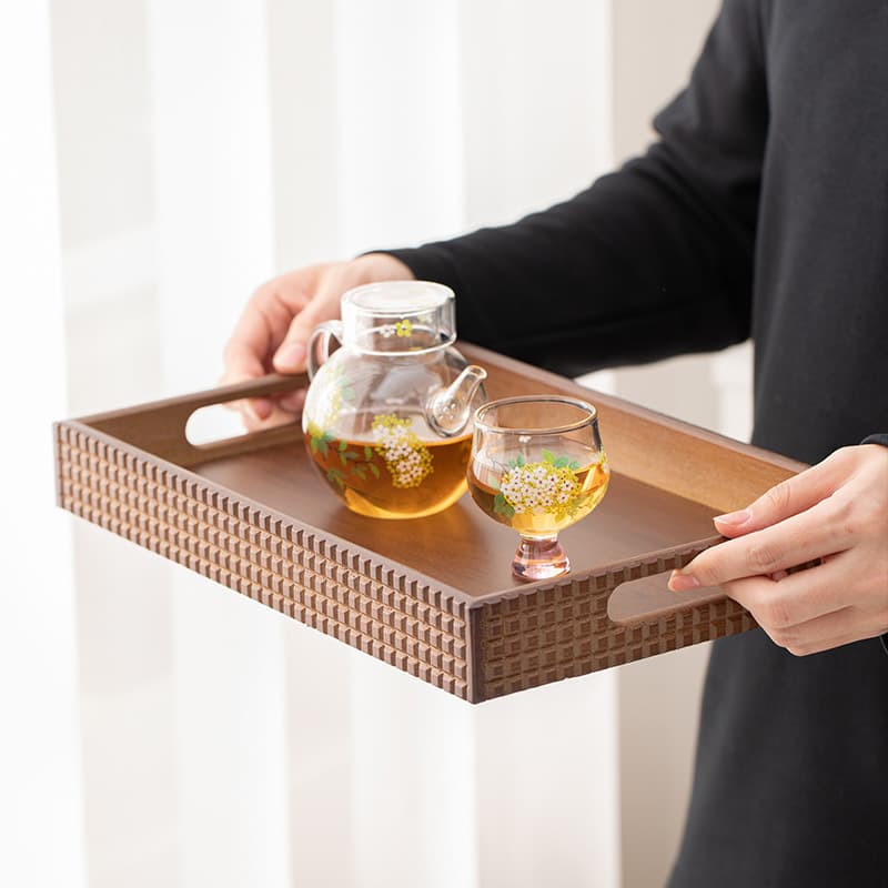 Right Angle Diamond Handle Walnut Color Woven Pattern Tea Serving Tray Home Kung Fu Tea Set Tea Serving Tray Tea Room Storage Tray