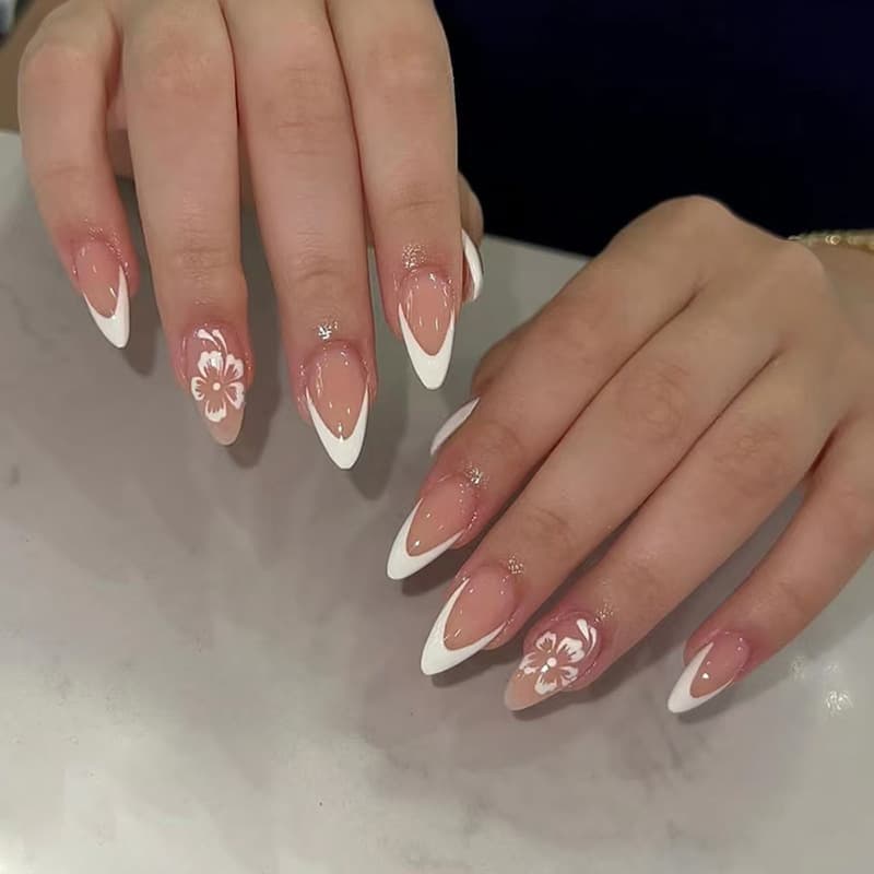 White French Removable Press-On Nails for Women, Simple Peach Blossom Nail Tips, Fake Nail Patches