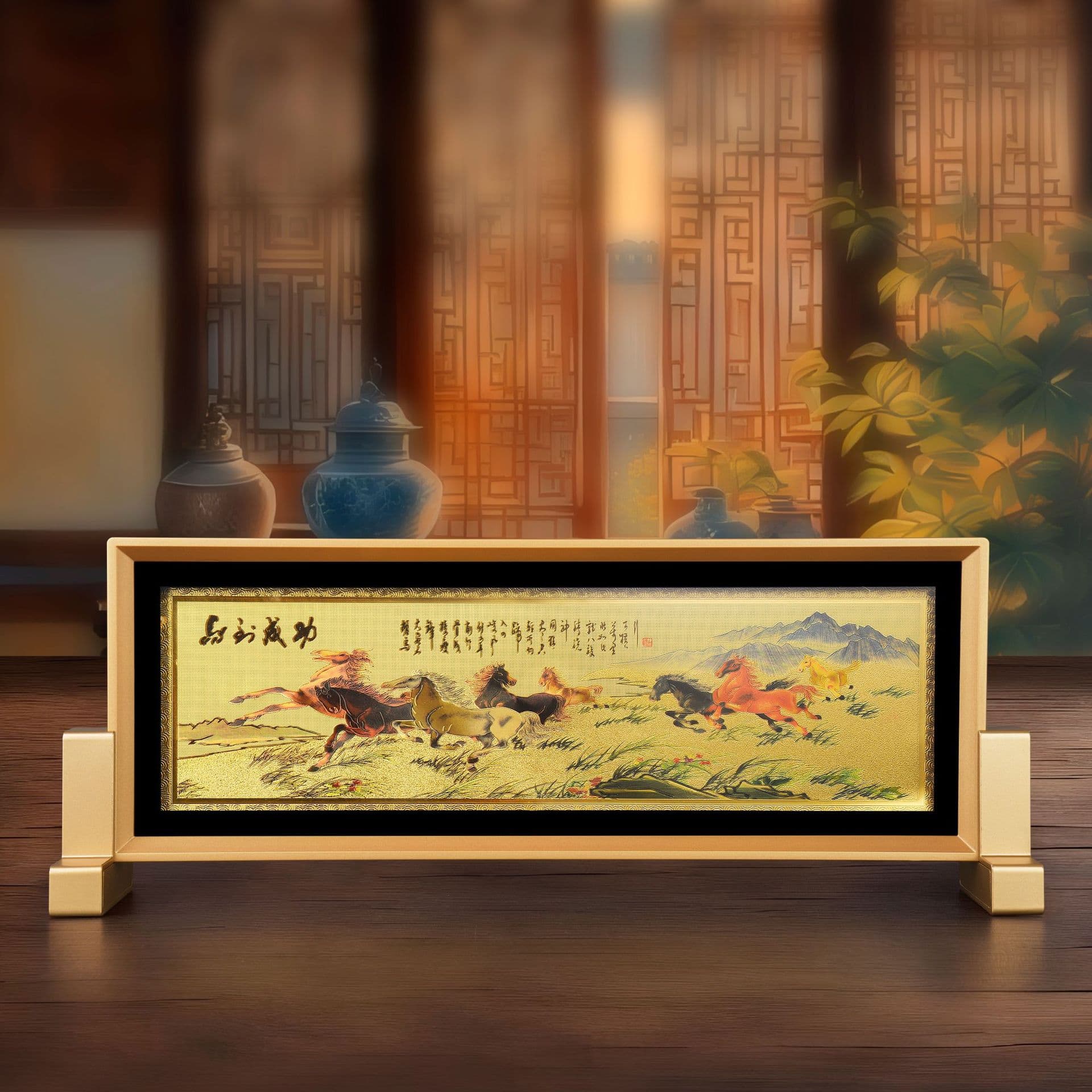 2026 Year of the Horse Frame Ornament Success at One Stroke Gold Foil Painting Frame Craft, Office Living Room Decoration