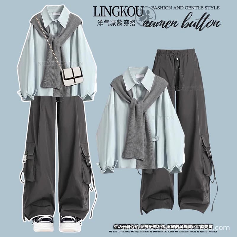 Plus Size Spring/Autumn Korean Style Women's 3-Piece Set: Elegant Age-Defying Shirt with Shawl, High-Waist Slimming Casual Cargo Pants