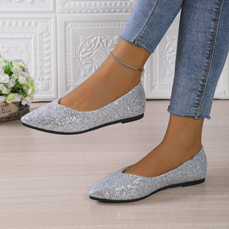 European and American Fashion Spring Summer New Women's Shoes with Sequins and Glitter, Shallow-Mouth Flats, Pointed-Toe Flat-Heeled Casual Shoes