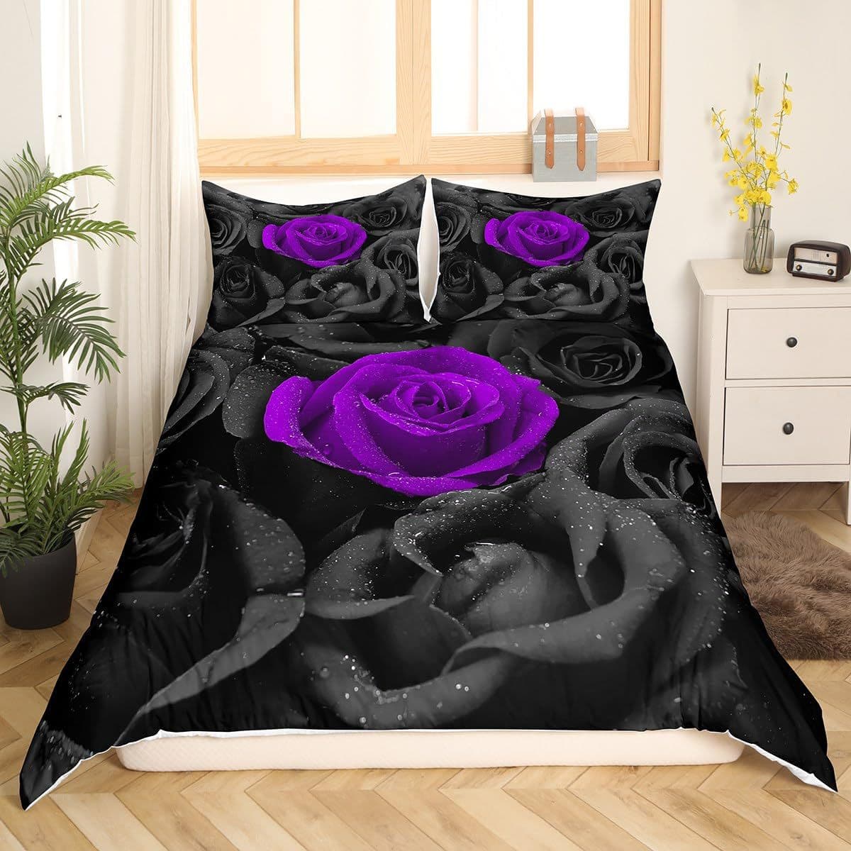 Cross-border Valentine's Day Purple Rose Print Duvet Cover Set Bedroom Guest Room Bedding Decor Factory Direct