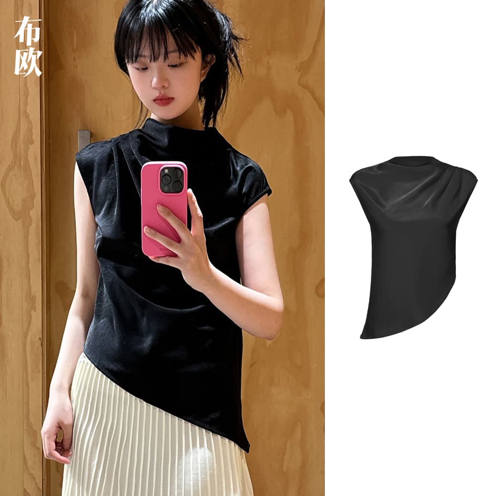 [Clearance No Returns/Exchanges] Nanyou Elegant Sloping Vest Lightweight Satin Half-High Collar Drop Shoulder Sloping Sleeveless Top