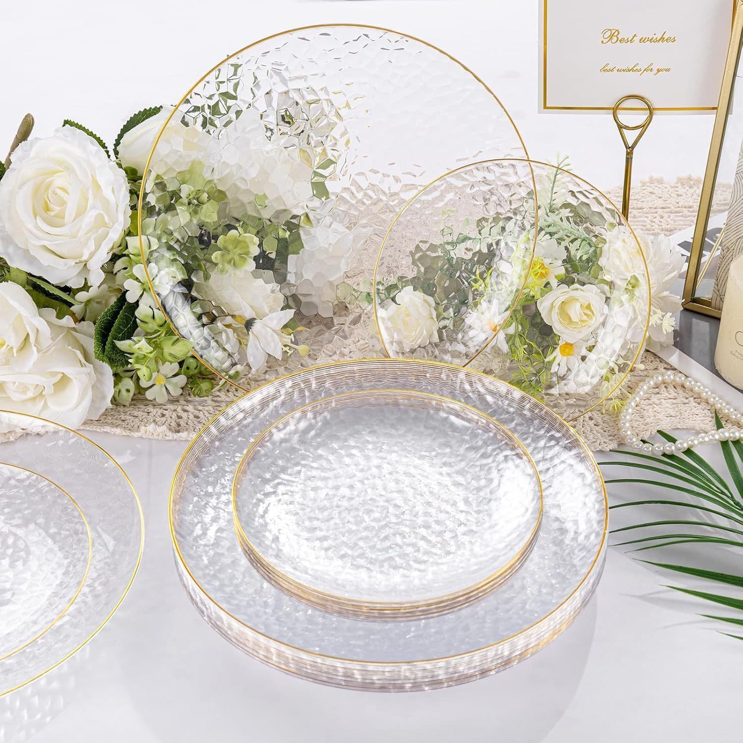 Transparent Hammered Gold Foil Plate, Disposable PS Hard Plastic Tableware, Gold Rim Embossed Plate, Multi-Color, European Style for Export