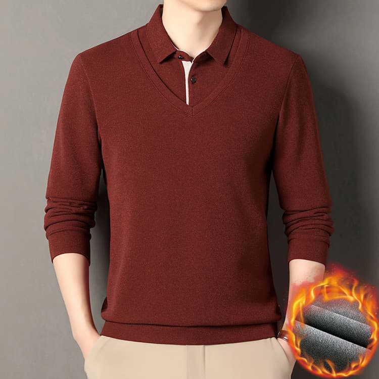 Men's Autumn and Winter Fleece-Lined Long-Sleeved T-Shirt with Silk and Wool Faux Two-Piece Style, Casual Base Layer Shirt