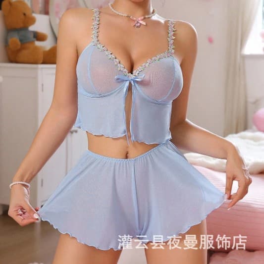 2025 New Sexy Lingerie See-through Camisole Short Dress Two-piece Mesh Set Women's Wholesale Uniform Set