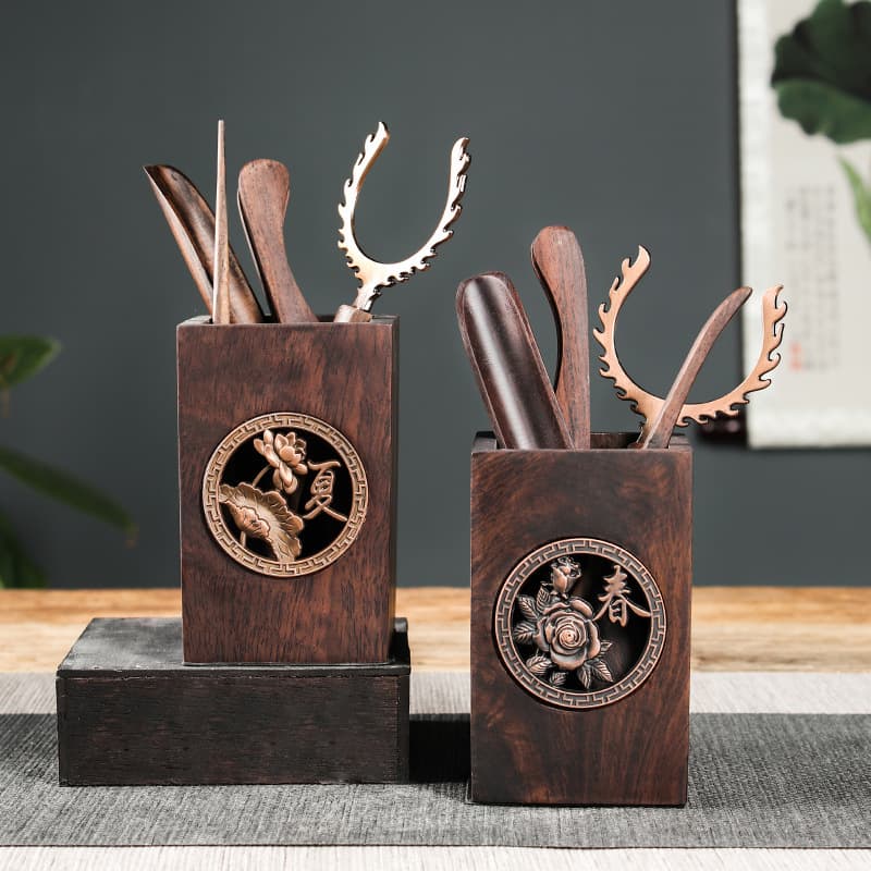 Four Seasons Tea Ceremony Six Gentlemen Set Solid Wood Black Sandalwood Tea Needle Tea Spoon Tea Clamp Tea Fork Complete Set of Tea Sets Tea Tray Accessories