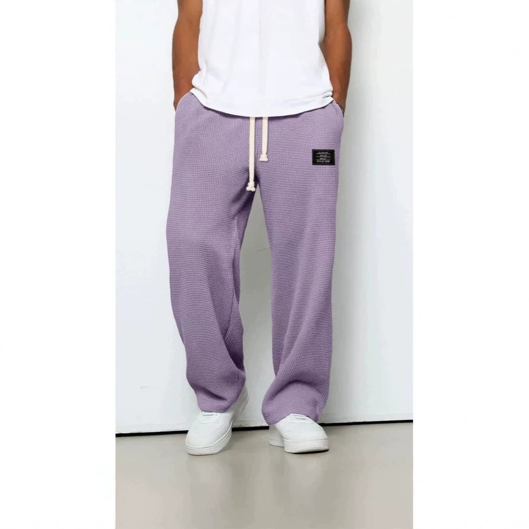 Cross-border Men's Spring/Autumn Streetwear Loose Straight Sweatpants Waffle Texture Solid Color Label Wide-leg Casual Joggers