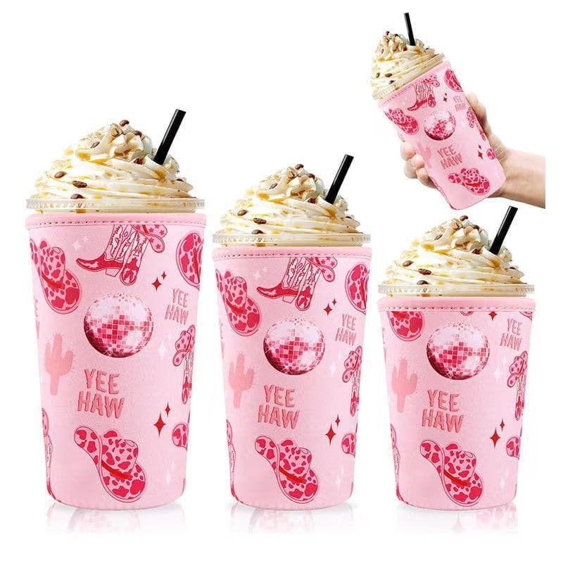 Manufacturer customized milk tea cup cover, diving material coffee cup cover, printed logo handle, ice cream protective cover in three sizes