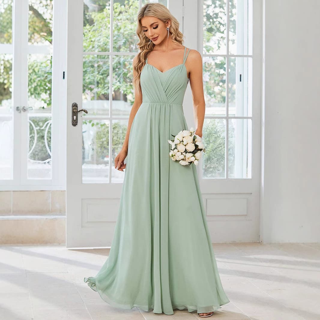 Elegant Spaghetti Strap Evening Gown 2026 New Backless Long Dress Chiffon Pleated Mint Green Dress Bridesmaid Dress