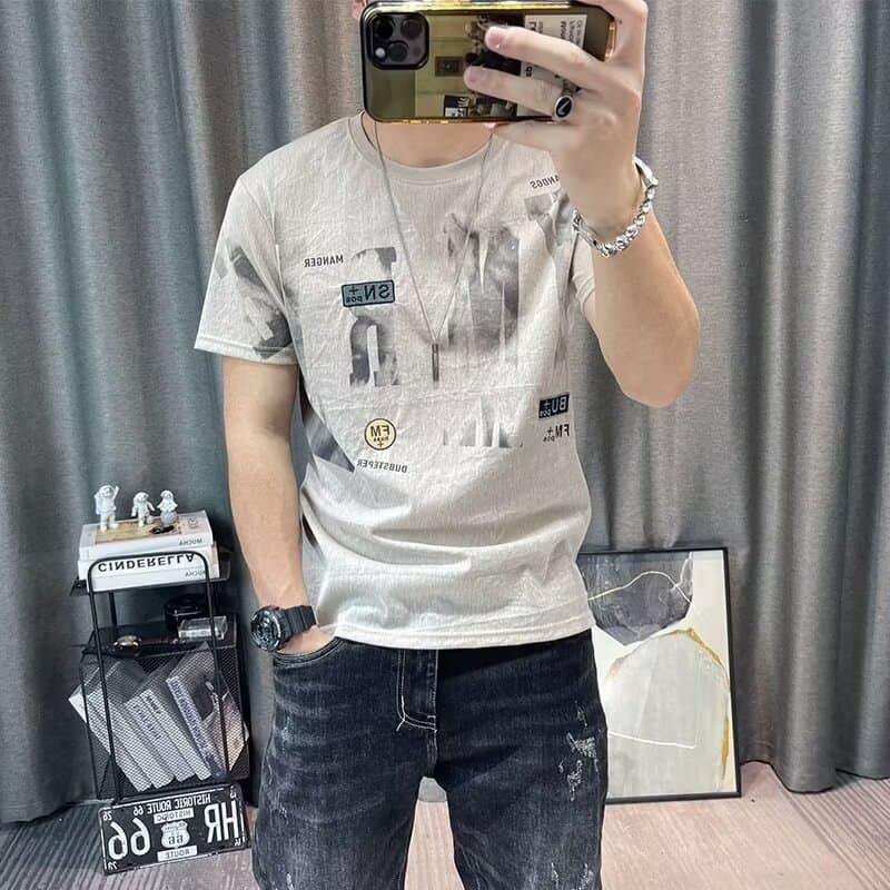 Trendy Round Neck Short Sleeve T-Shirt for Men, Printed Ice Silk Fabric, Summer Casual Fashion High-End Half Sleeve Top