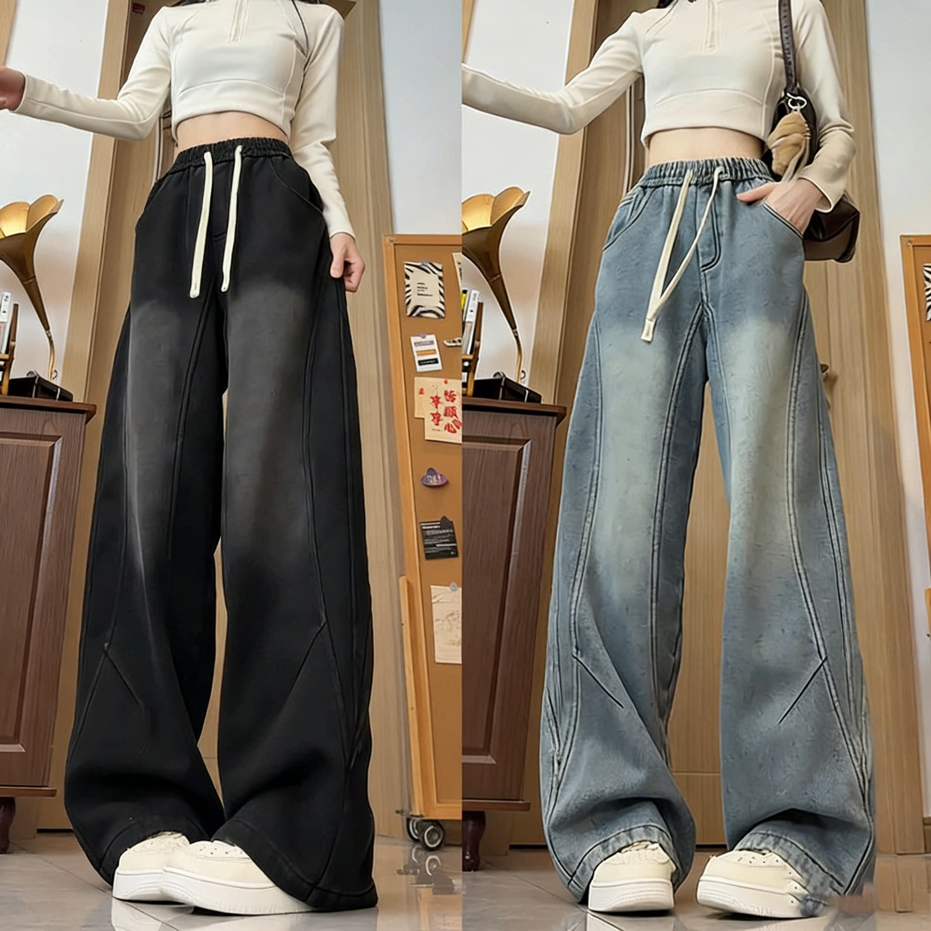 Elastic waist drawstring wide leg jeans for men and women spring and summer American fashion brand washed machete pants drapey casual trousers
