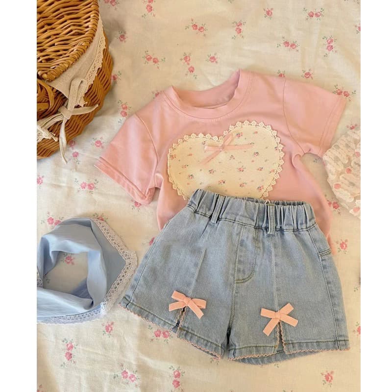 Girls Summer Set 2025 New Korean Style Children Fashion Bow Pink Short Sleeve Denim Shorts Two-Piece Set