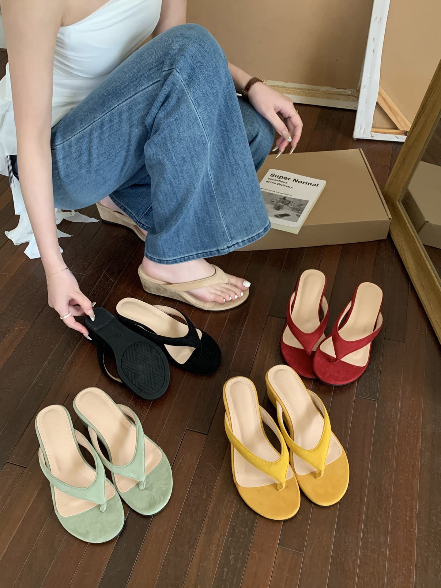 Wedge High Heel Red Flip-Flop Sandals for Women, Outdoor Wear 2025 Summer, Yellow Sandals to Match Dresses