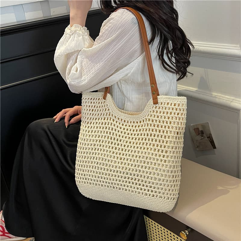 2026 foreign trade hot-selling literary retro hand-knitted crocheted cotton straw bag beach bag ladies shoulder bag