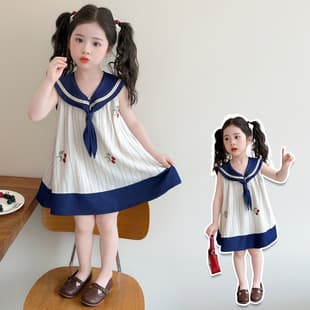 Girls Navy Collar Dress Summer 2026 New Kids School Style Princess Dress Cotton Fabric for Baby