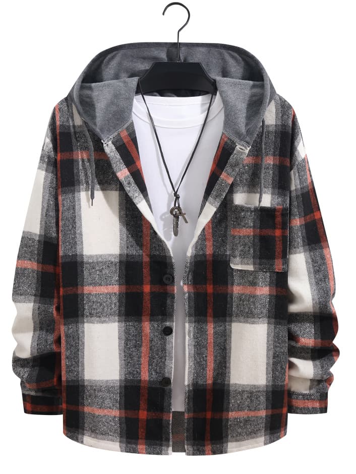 DOUDUN Cross-Border Autumn/Winter British Plaid Flannel Hooded Shirt Jacket Men's Casual Loose Long Sleeve