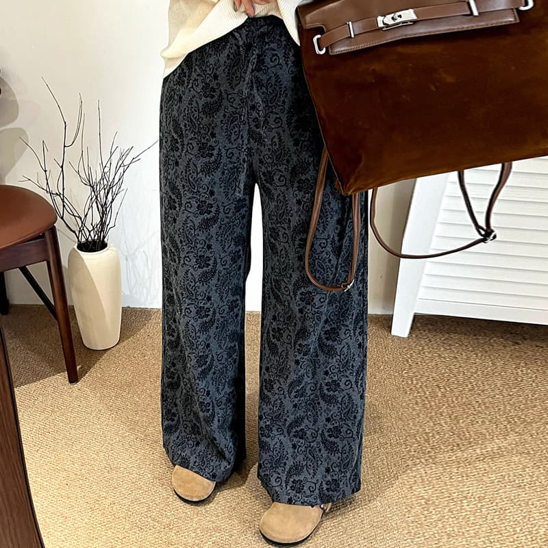 Plus Size Women's Vintage Paisley Straight Leg Pants Casual Trousers 2025 Winter Loose Wide Leg Pants for Fat mm NK1357