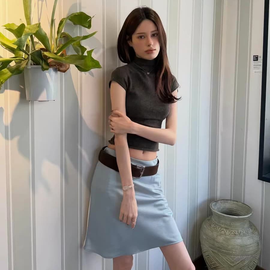 Acetate Mini Skirt – Self-Made Satin Drape Elastic Waist Bias-Cut Skirt for Women, Casual Cool Style, Serene Blue
