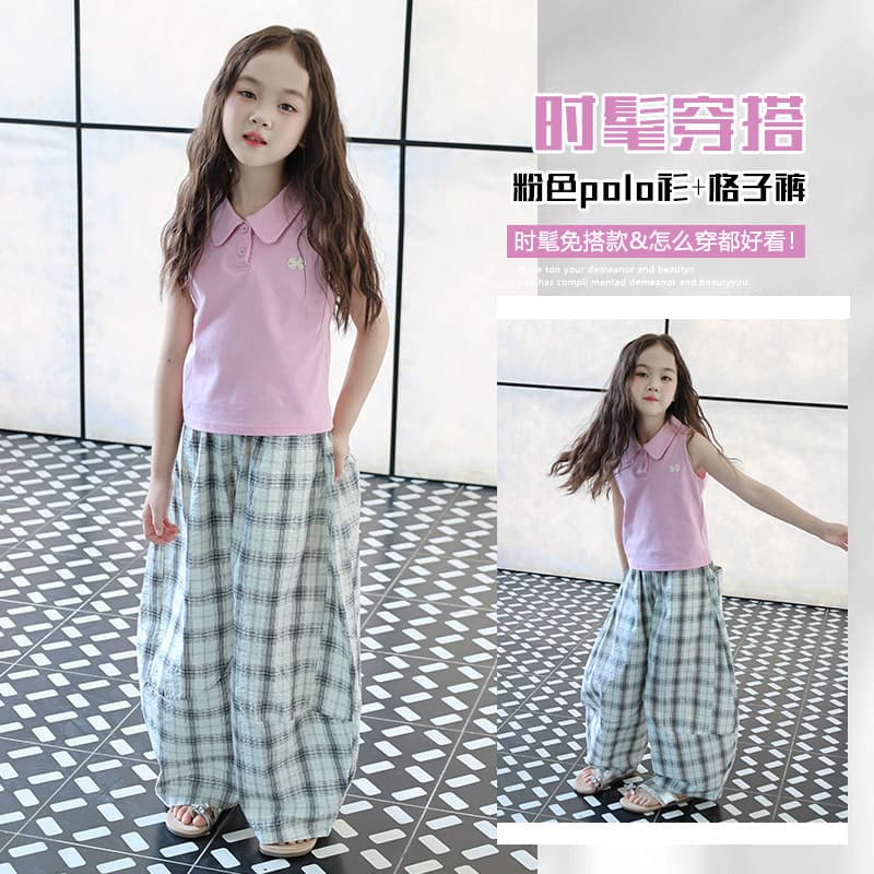 Girls' Summer Set: Plaid Wide-Leg Pants Two-Piece Outfit, Polo Shirt T-Shirt Top, Mosquito-Proof Loose Pants