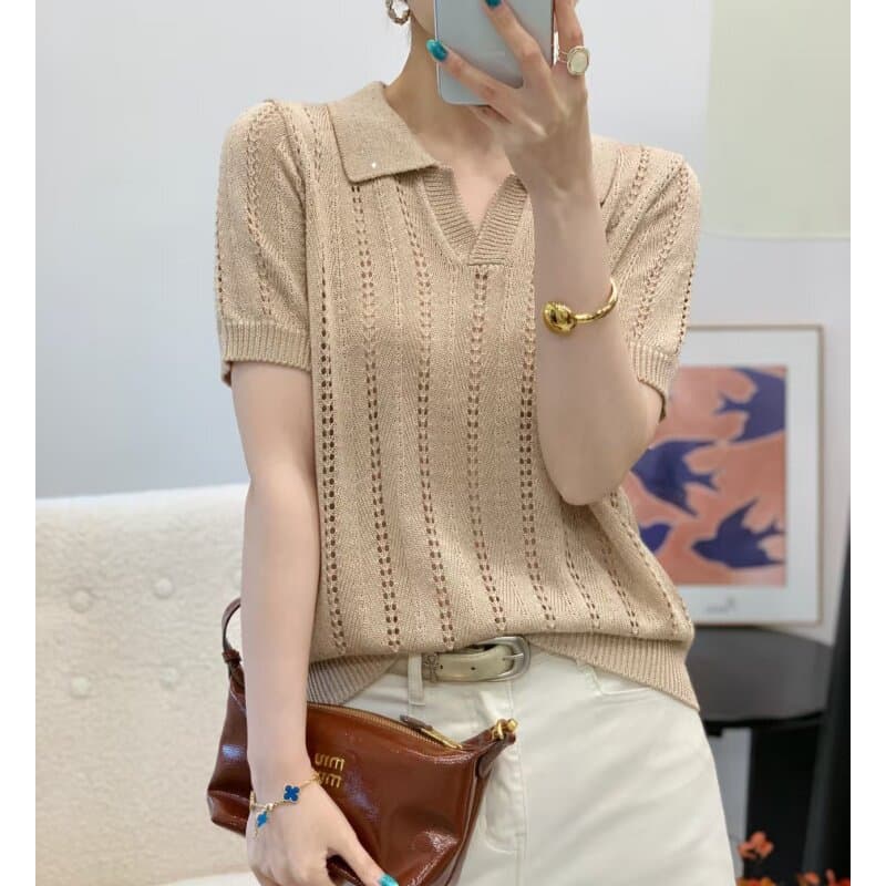 Old Money Style Sequined Hollow Polo Collar Tencel Linen Knit Short Sleeve Women's Summer Thin Loose Ice Silk T-Shirt