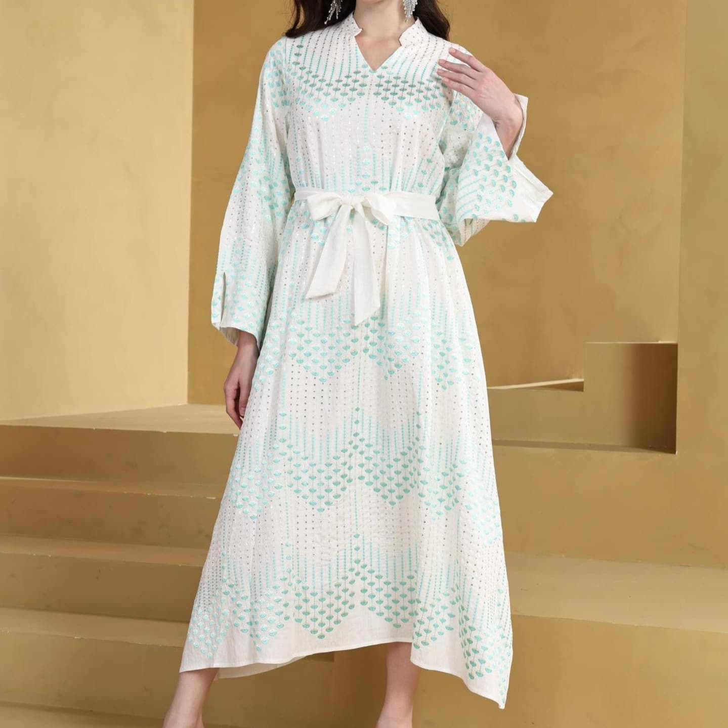 Green Heavy Craft Tassel Embroidered Long Dress, Elegant Loose Fit with Belt Long Sleeve Dress