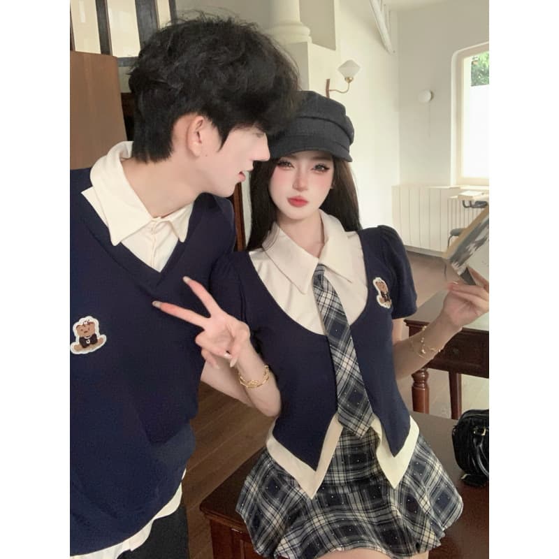 2026 summer American college style jk uniform hot girl shirt plaid skirt suit couple outfit